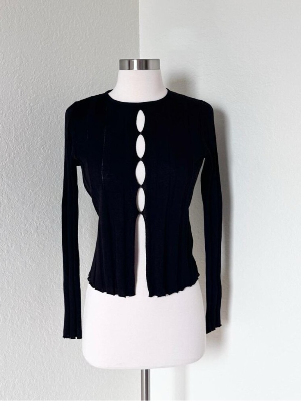 Black Long-Sleeve Cutout Knit Top